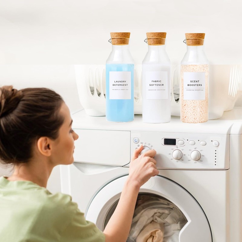 Glass Laundry Detergent Dispenser Set with Cork Lids, Fabric Softener