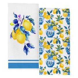 NQDWX Yellow Lemon Blue and White Porcelain Seasonal Spring Summer Kitchen Towels,Dish Towels Drying Cloth Hand Towels for Farmhouse Kitchen Bathroom,16x24 Inches Set of 2.(022)
