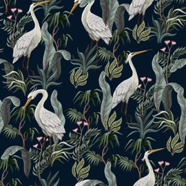 ReWallpaper Navy Blue Peel and Stick Wallpaper White Crane Removable Dark Green Botanical Wallpaper Self Adhesive 17.5in X 10ft Decorative Contact Paper Peel & Stick Wall Mural Vintage Wall Paper Roll