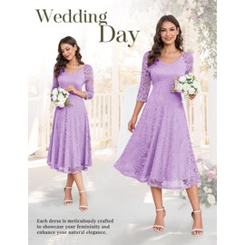 Dressystar 00058 Long-Sleeve A-Line Lace Bridesmaid Dress Midi for Wedding Formal Party Lavender XL