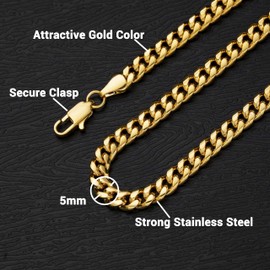 Gold Chain for Men, Mens 5mm Gold Plated Stainless Steel Cuban Link Chain Necklace (5MM-Gold, 20 Inches(Men's Average Length))