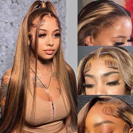 Jaliyah Ombre Lace Front Wig Human Hair 13x4 4/27 HD Lace Front Wig Human Hair 180% Density Honey Blonde Straight Lace Front Wig Human Hair Pre Plucked with Baby Hair Colored Human Hair Wig 34 inch