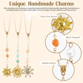 3 Pack Sun Rear View Mirror Hanging Accessories, Hanging Sun Charm with Healing Crystal, Boho Car Charms, Healing Mirror Decor Cute Accessories for Women (Retro)