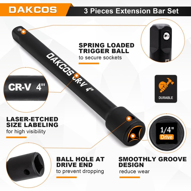 DAKCOS 1/4" Impact Extension Bar Set, 3 Piece Socket Extension