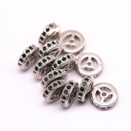 Unbranded Silver Plated Micro Pave Black Zircon Flat Wheel Charm Size 3x8mm Sold per Piece