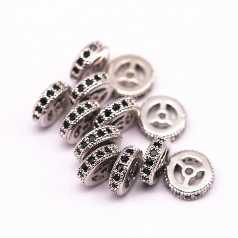 Unbranded Silver Plated Micro Pave Black Zircon Flat Wheel Charm