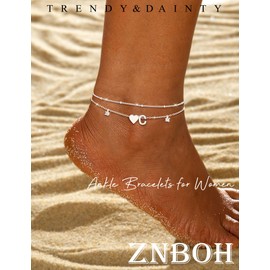 ZNBOH Gold Silver Ankle Bracelets For Women 14k Gold Plated Initial Anklets For Women Waterproof Non Tarnish Dainty Layered CZ Letter A-Z Heart Charm Anklet Set Summer Beach Foot Chain Jewelry Gift