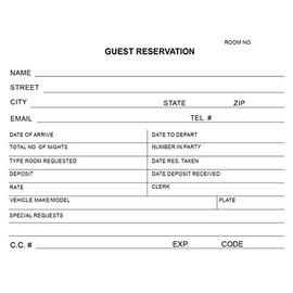 Guest Reservation/Registration Card for Hotels, Motels, Hospitality Front Desks Check in (Pack of 250)