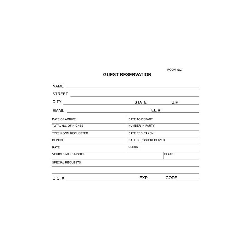 Guest Reservation/Registration Card for Hotels, Motels, Hospitality Front Desks Check