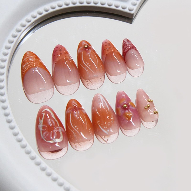 24Pcs Handmade Press on Nails Medium Almond Fake Nails with