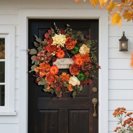 Zkieire Fall Wreaths for Front Door 24 Inch with Realistic Pumpkin Hydrangea Peony Dahlia Flower, Thanksgiving Harvest Autumn Wreath for Indoor Outdoor Decor, Rustic Farmhouse Seasonal Decoration