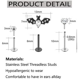 KASFREE 20G Flat Back Earrings Push In Flat Back Stud Earrings Black Threadless Nose Stud Black Threadless Nose Studs for Women (Style 2 Black)