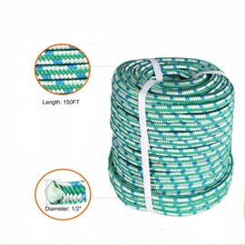1/2 x 150 Feet Double Braid Polyester Rope, 16-Strand Polyester Arborist Rigging Rope Multipurpose Bull Rope on Your Farm, Boat, Ranch, Multicolor