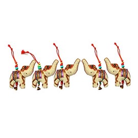 Rastogi Handicrafts Set of 5 Multi Colored Elephant,Bird,Camel,Heart,Bell,Umbrella Festival Decorative Collectible Fabric Animals Or (WHITE ELEPHANT)