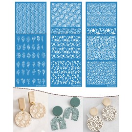 Puocaon Flower Clay Silk Screen - 6 Pcs Reusable Silk Screen Stencils for Polymer Clay Jewelry, Leaves Plant Polymer Clay Silk Screen Stencils for Earrings, Paisley Clay Silk Screen Stencils