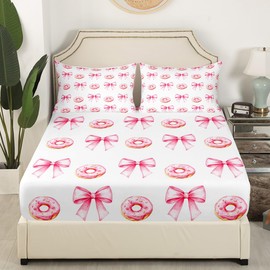 Kinder-Spannbettlaken, rosa Schleife, für Einzelbett, Donut-Dessert, Cartoon-Essen, Kleinkind-Bettwäsche-Set, Mädchen und Frauen, Raumdekoration, Fliege, Knoten, Prinzessinnen-Stil, niedliches