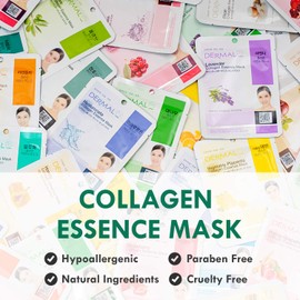 DERMAL Korean Collagen Face Mask – Hydrating & Soothing Sheet Mask with Panthenol – Hypoallergenic Calming Moisture Care for All Skin Types – 16 Combo Pack B