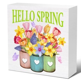 Spring Decor - Farmhouse Spring Decorations - Flowers Wooden Decorative Sign - Home Decor for Desk Table Shelf 5 x 5 Inches