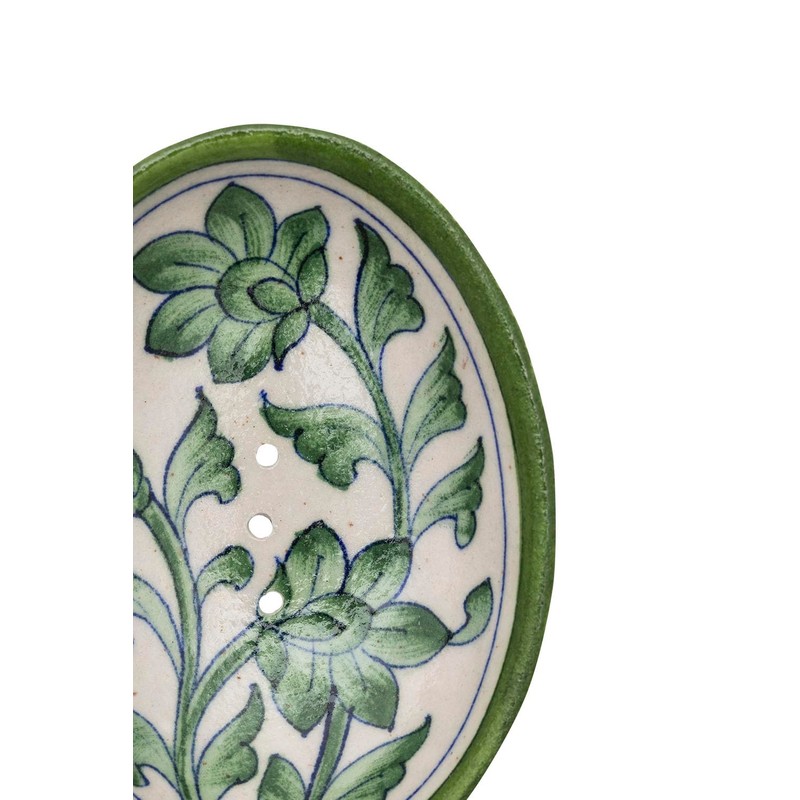 Tranquillo Blue Pottery Stoneware Oval Soap Dish with Floral Green