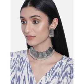 I Jewels Oxidised Silver Plated Afghani Choker Necklace Jewellery Set for Women