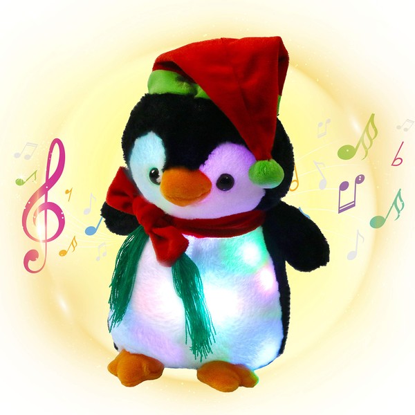 Housbaby Christmas Musical Light up Penguin LED Stuffed Animals Rudolph Plush Toys Lullaby Singing Animated for Toddlers Xmas Gift Holiday, 10''