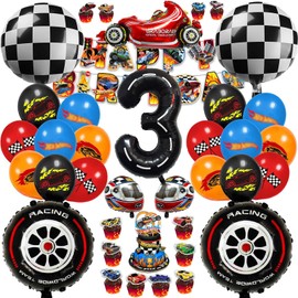 Chingcoo 54 Pieces Hot Whels Birthday Decoration 6 Years Boy, Hot Whels Birthday Party Set Boy, Car Birthday Decoration Racing Car Birthday Decoration Wheels Balloons for 6 Years Boy Birthday Party