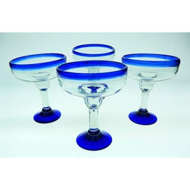 Mexican Glass Margarita Blue Rim, Hand Blown, set of 4