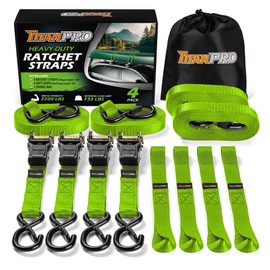 TitanPro Heavy Duty Ratchet Straps 4-Pack - 2,200lb Break Strength, 1" x 15' Rachet Tie Downs with Padded Handles - Heavy Duty, Truck, Motorcycle, Moving Straps (Green)