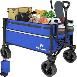 ROSONG Collapsible Wagon Cart with Wheels Foldable - Folding Utility Heavy Duty Wagons Carts for Grocery Sports Garden Shopping Camping Wheelbarrows (Blue, 120L)