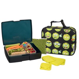 Bentology Lunch Bag and Box Set for Kids - Boys Insulated Lunchbox Tote, Bento Box, 5 Containers and Ice Pack - 9 Pieces - Emoji