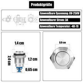 Powice 12 mm Push Button Waterproof Momentary Reset Switch Made of Stainless Steel, Push Button with Screw Feet 3A/12V/24V, Suitable for Cars, Ignition Systems, Doorbells (Flat Head)