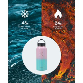 BUZIO 32oz Insulated Water Bottle, Stainless Steel Water Bottle with 3 lids and Carrying Pouch, Cold for 48 Hrs Triple Wall Vacuum Leak Proof Metal Flask Thermo Canteen Mug Gym- Pearlescent Pink Blue