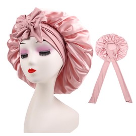 OWITER Satin Bonnet, Silk Sleep Bonnets for Women, Adjustable Satin Night Sleeping Cap Soft Elastic Band Silk Bonnets for Sleeping, Hair Bonnet + Scrunchies (Rose Pink)