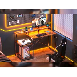 AODK Computer Desk, 48 Inch Gaming Desk with Led Lights & Power Outlet, Office Desk with Printer Storage Shelves, Reversible Desk with Monitor Shelf & Headphone Hook, Rustic Brown