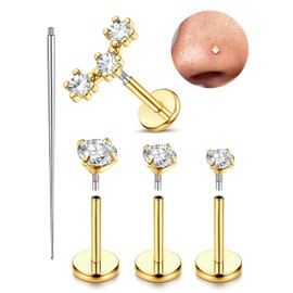 Morfetto 16/18G Nose Stud for Men and Women - 14k Gold Plated Internally Threaded Flat Back Earrings, Stainless Steel, Cubic Zirconia