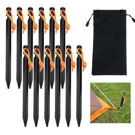 Camping Pegs, Pack of 12 Metal Pegs, Aluminium Tent Pegs, Alloy Tent Stakes, Pegs, Black Tent Hooks, Sand Pegs with Reflective Rope for Camping, Beach