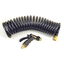 Olmsted Forge Hose Kit: 1/2" ID x 25' HP Quality Coiled Hose (Charcoal Gray) with Metal Body Spray Nozzle and Brass Quick Release Swivel Connector
