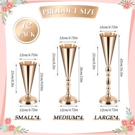 Boao 12 Pcs Tall Vases for Centerpieces, 3 Sizes Metal Flower Stand for Wedding, Elegant Trumpet Shaped Vases for Table, Christmas Birthday Party Decorations, Easy to Assemble(Gold)