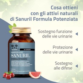 SANURIL Formula Potenziata Salugea - Integratore 100% Naturale - Con D-Mannosio, Cranberry, Uva Ursina e Semi di Pompelmo per il benessere delle Vie Urinarie - 60 Capsule - Flacone in Vetro