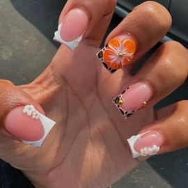 Short Press on Nails Square Fake Nails Leopard Print French Tip False Nails with 3D Flower Design Cute Stick on Nails White Tips Acrylic Nails Full Cover Glue on Nails for Women 24Pcs