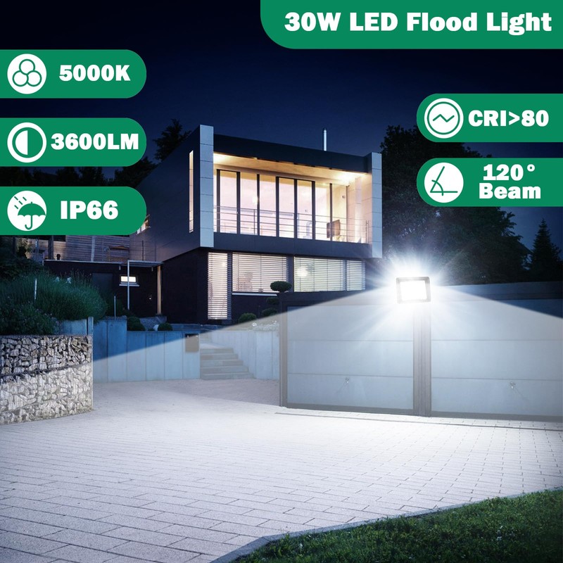 NEWREACH 30W LED Flood Light Outdoor, IP66 Waterproof 5000K Daylight