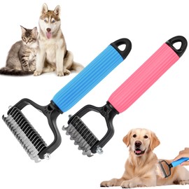 Upgraded Pet Safe Dematting Comb for Dogs Cats,Deshedding Undercoat Rake with Double-Sided Stainless Steel Teeth, Cat Matted Fur Remover,Cat Dematting Tool,Dog Hair Mat Remover(Blue-Large+Pink-Small)