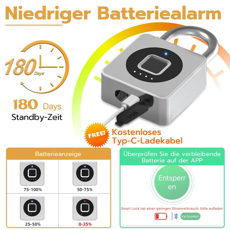 Anweller Padlock, Fingerprint, Fingerprint Lock, Locker Lock, Lock with Fingerprint