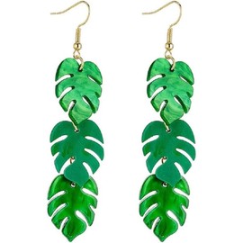 Tropical Green 3  Leaf  Drop Dangle Earrings monstera Leaves Layered for Women Summer Holiday Beach - Color: B