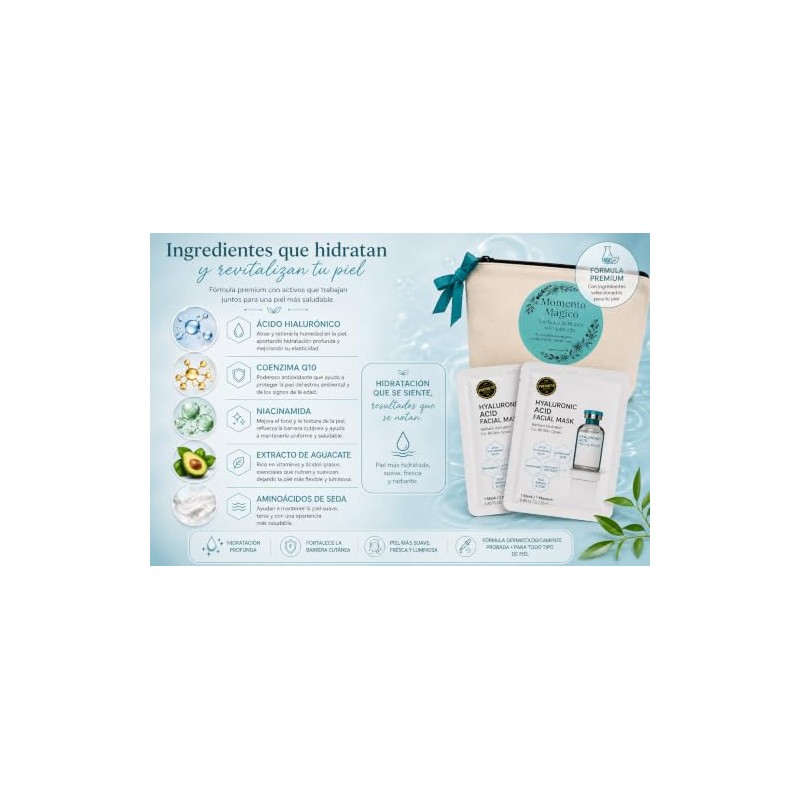 KIT AUTOCUIDADO GENERICO Rutina Hidratante PremiumÁcido Hialurónico con 2 mascarillas