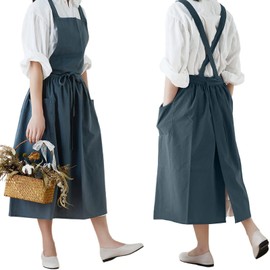 FADUOFA Cotton Linen Apron Japanese Style Waterproof Aprons With Pockets for Kitchen Cafe Flower Shop Smock (Blue)