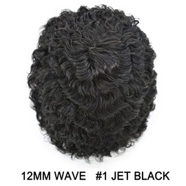Afro Toupee for Black Men Curly Hair Units for African American Mens Toupee Real Human Hair Durable Skin PU Injected Mens Wigs 12mm afro wave 1# JET BLACK