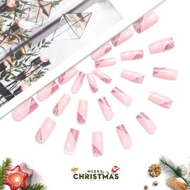 PUSCOBSY Christmas Press on Nails Medium Square Fake Nails Xmas Snowflakes Stick on Nails Pink Glitter Acrylic Nails Press ons for Women and Girls 24PCS