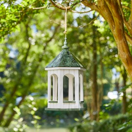 Glitzhome Large Capacity Hanging Bird Feeder,15.75" H Patina Metal Roof Solid Wood Gazebo Tray Bird Feeder for Outdoors Hanging,Supports Cardinals, Finch, Blue Jay,Sparrows and Outside Wild Birds
