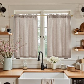 jinchan Kitchen Curtains Linen Tier Curtains 36 Inch Farmhouse Cafe Country Drapes for Small Window Rustic Rod Pocket Light Filtering Flax for Laundry Room Bathroom Over Sink RV 2 Panels Taupe